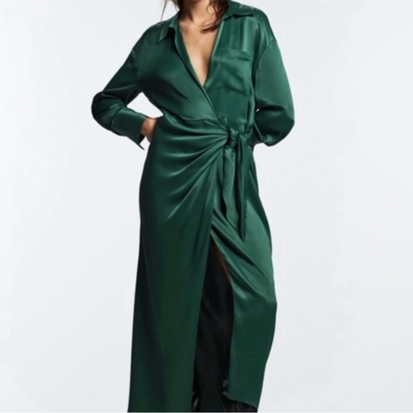 ZARA Limited Edition Green Long Sleeves Maxi Wrap Around Medium Cocktail Dress - Picture 11 of 13